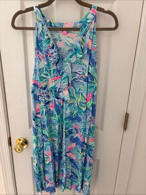 Lilly Pulitzer Blue Floral Ruffle Shay Dress with Pink & Green Accents